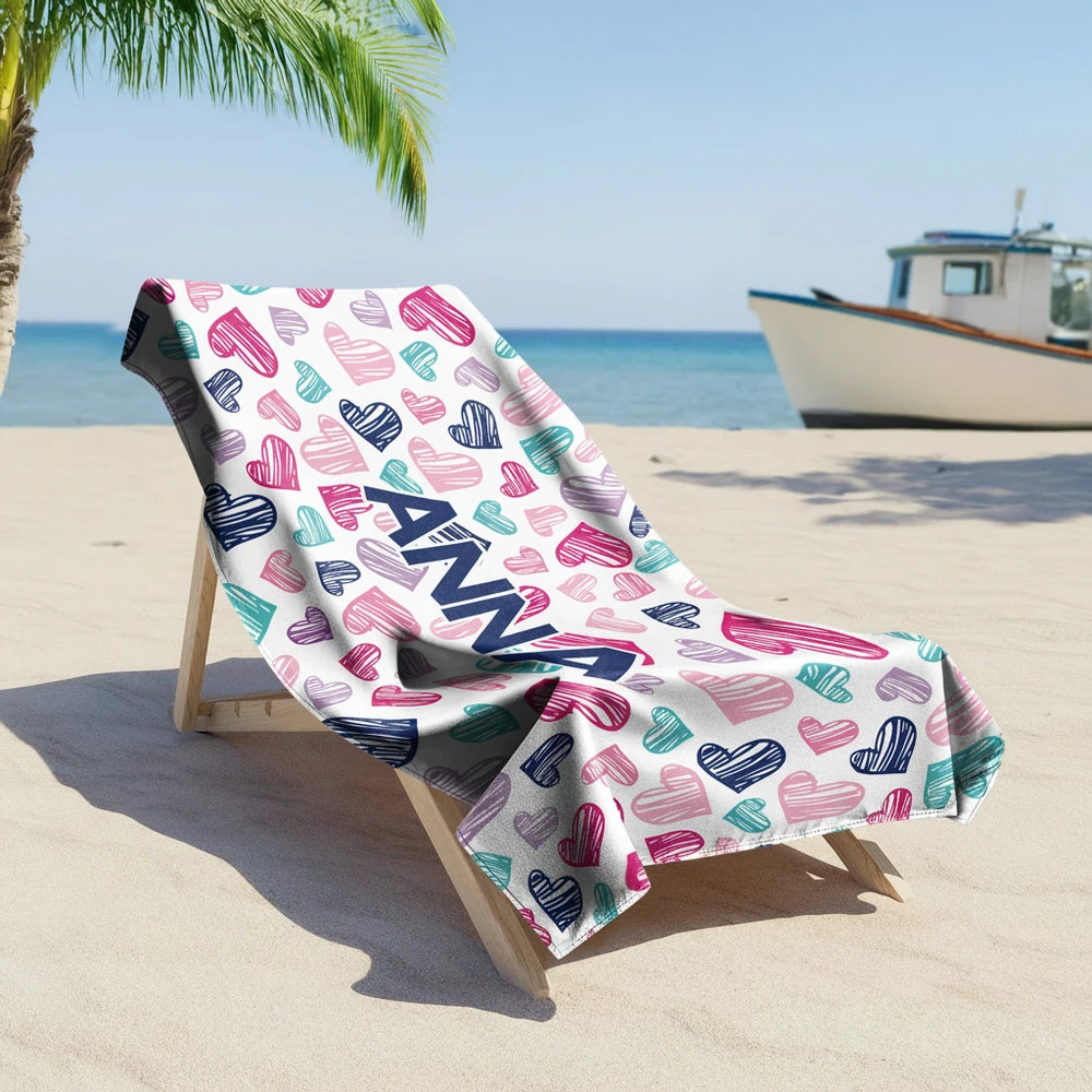 Custom Personalized Beach Towel with Colorful Hearts Pattern close-up detail