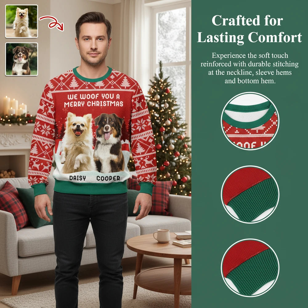 Custom Photo Upload Sweater We Woof You A Merry Christmas close-up detail