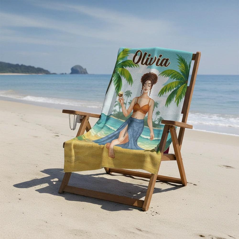 Custom Personalized Beach Towel with Tropical Palm Trees & Ocean Scene close-up detail