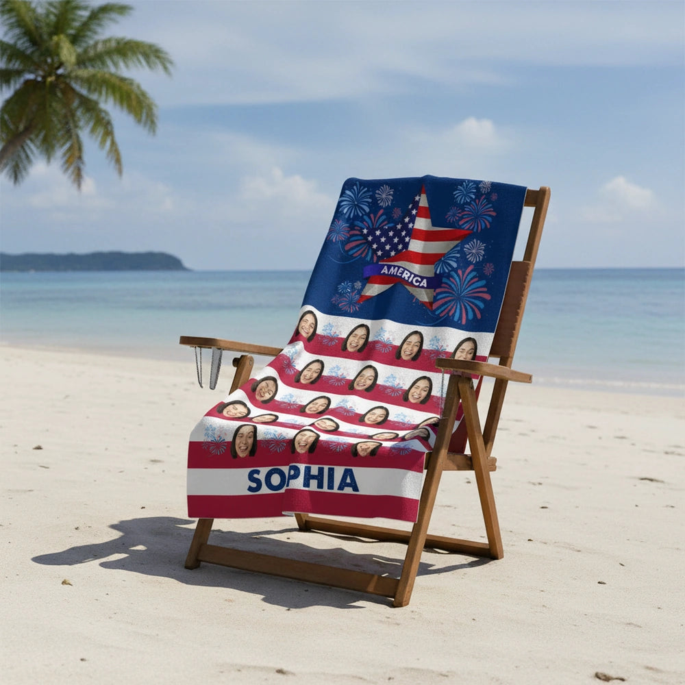 Custom Photo Upload Beach Towel with American Flag Star & Fireworks close-up detail