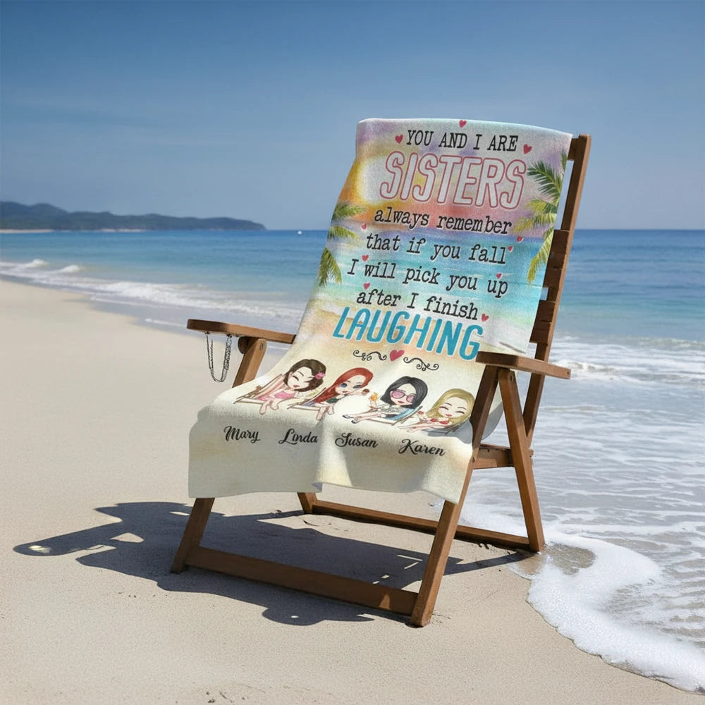 Custom Personalized Beach Towel with You and I Are Sisters Quote close-up detail