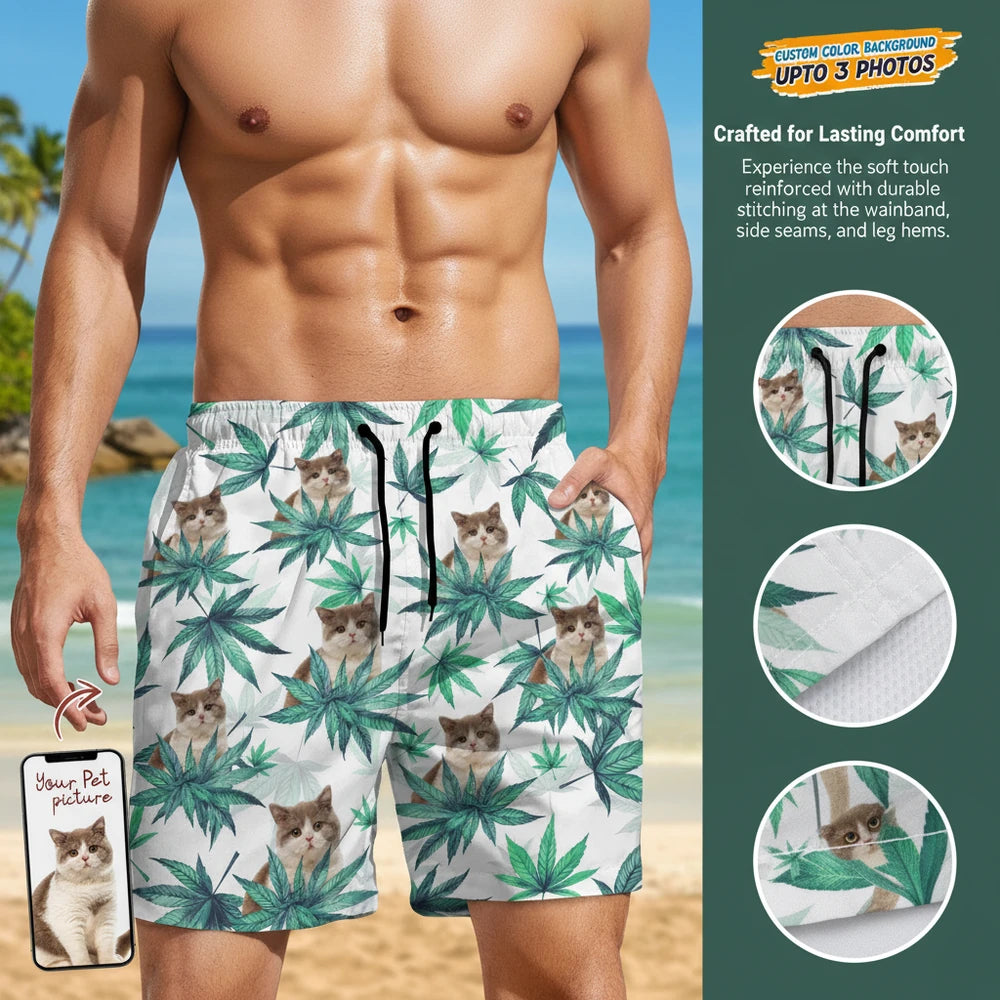 Custom Photo Upload Beach Shorts with Cannabis Leaves close-up detail