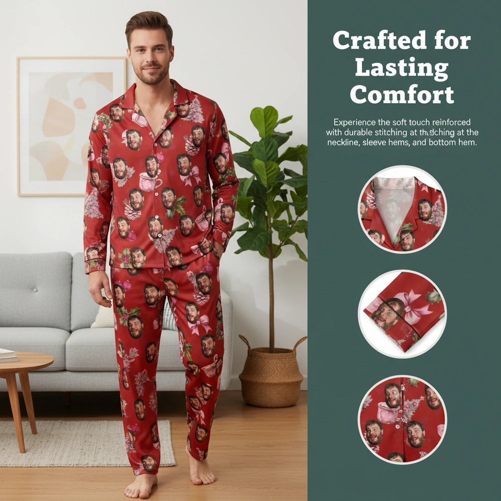 Custom Photo Upload Christmas Pajamas with Holly & Pink Mugs close-up detail