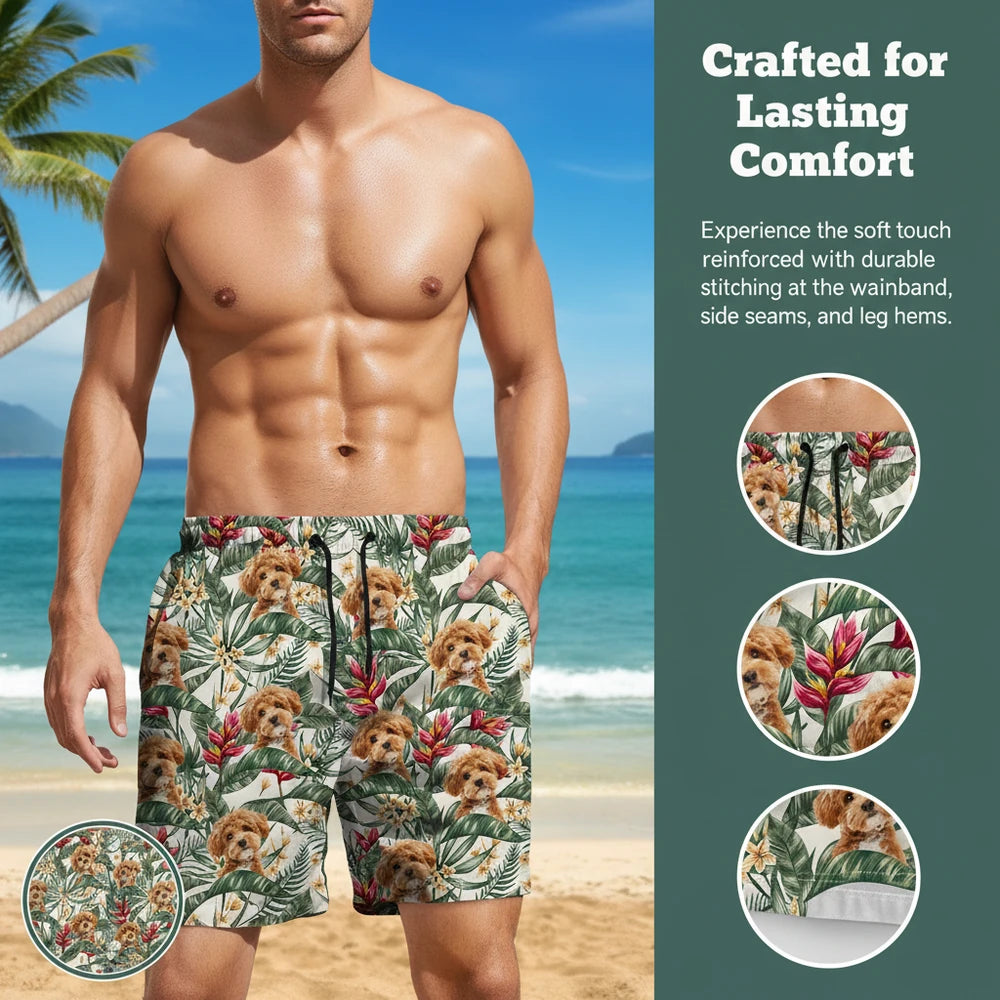 Custom Photo Upload Beach Shorts with Tropical Leaves & Flowers close-up detail
