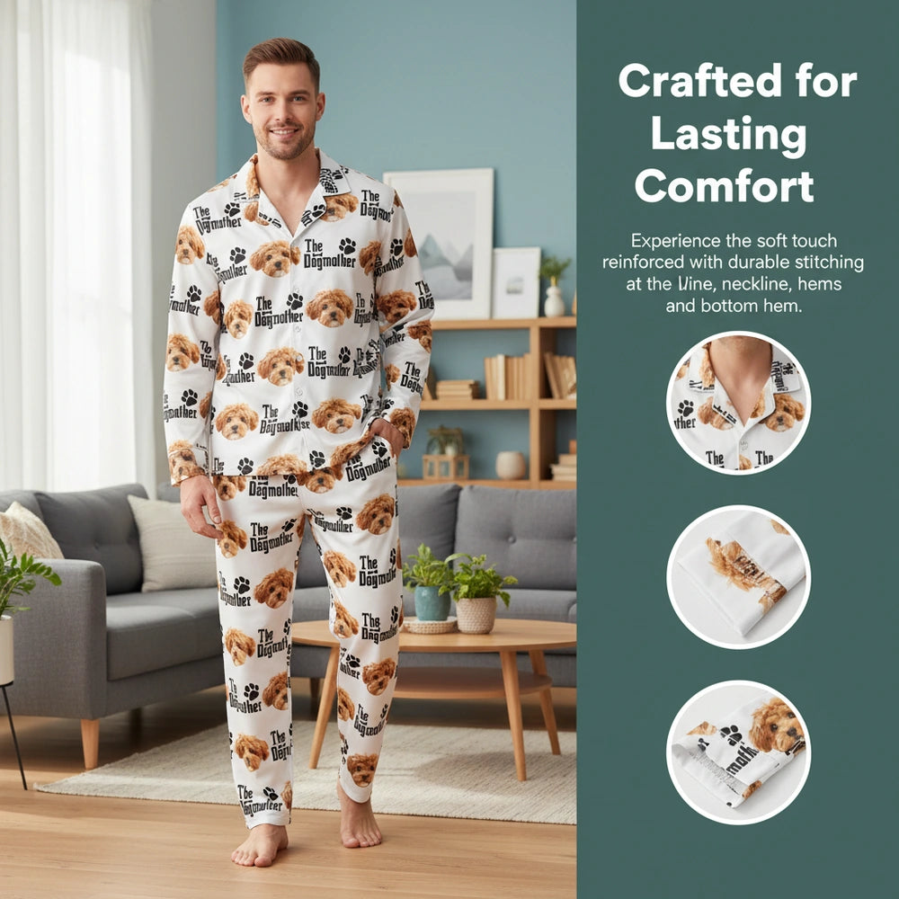 Custom Photo Upload The Dogmother Pajamas with Paw Prints close-up detail