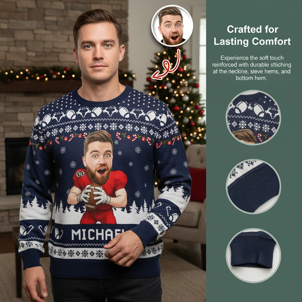 Custom Photo Upload Football Ugly Christmas Sweater with Snowflakes close-up detail