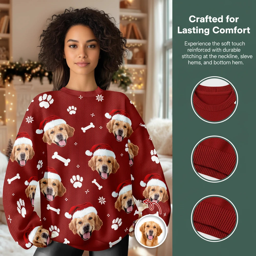 Custom Photo Upload Sweater with Santa Hat Dogs and Snowflakes close-up detail