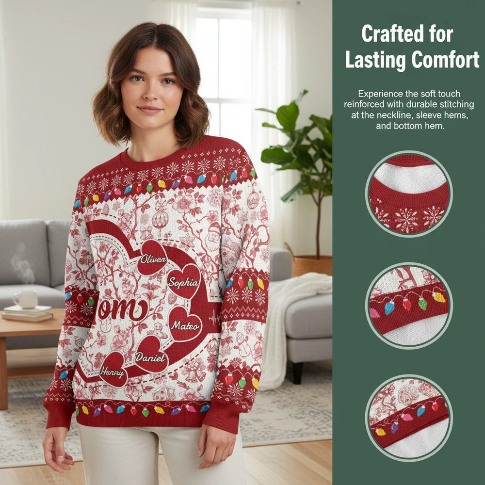 Custom Personalized Sweater with Hearts and Christmas Lights close-up detail