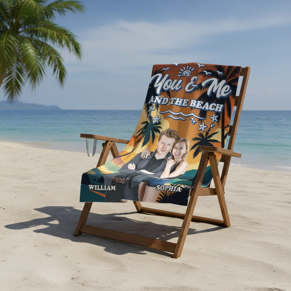 Custom Photo Upload Beach Towel with You & Me and the Beach Sunset close-up detail