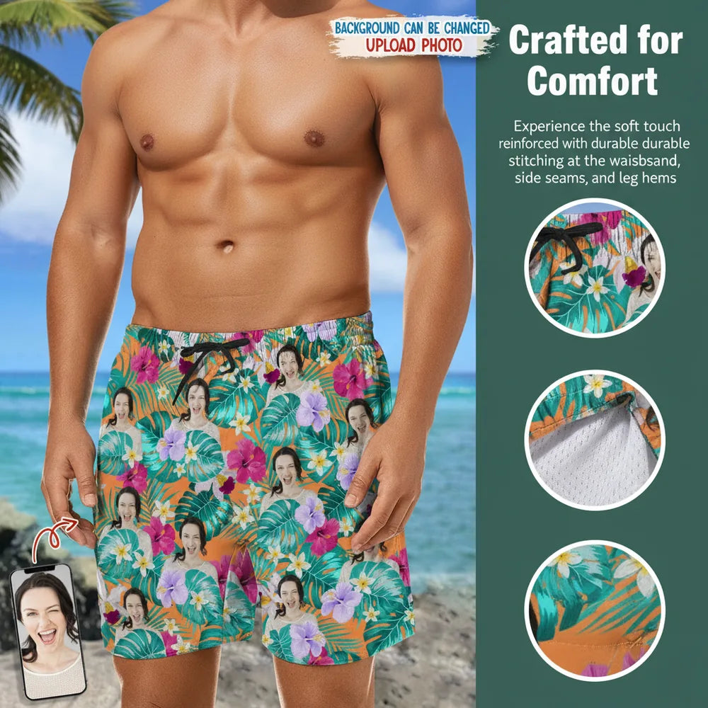 Custom Photo Upload Beach Shorts with Tropical Flowers & Palm Leaves close-up detail