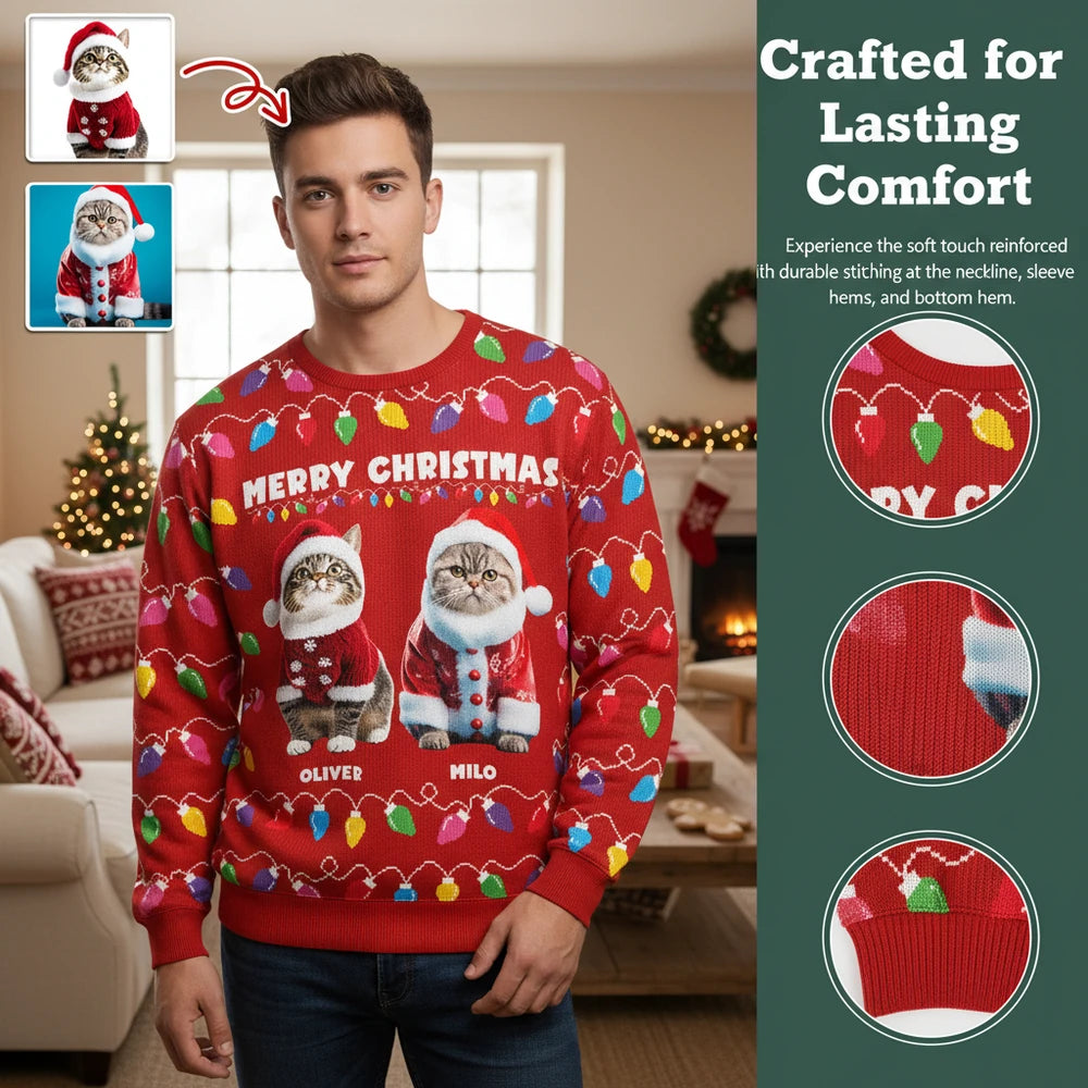 Custom Photo Upload Merry Christmas Sweater with Colorful Lights close-up detail