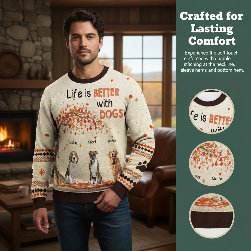 Custom Photo Sweater with Life is Better with Dogs Fall Tree close-up detail