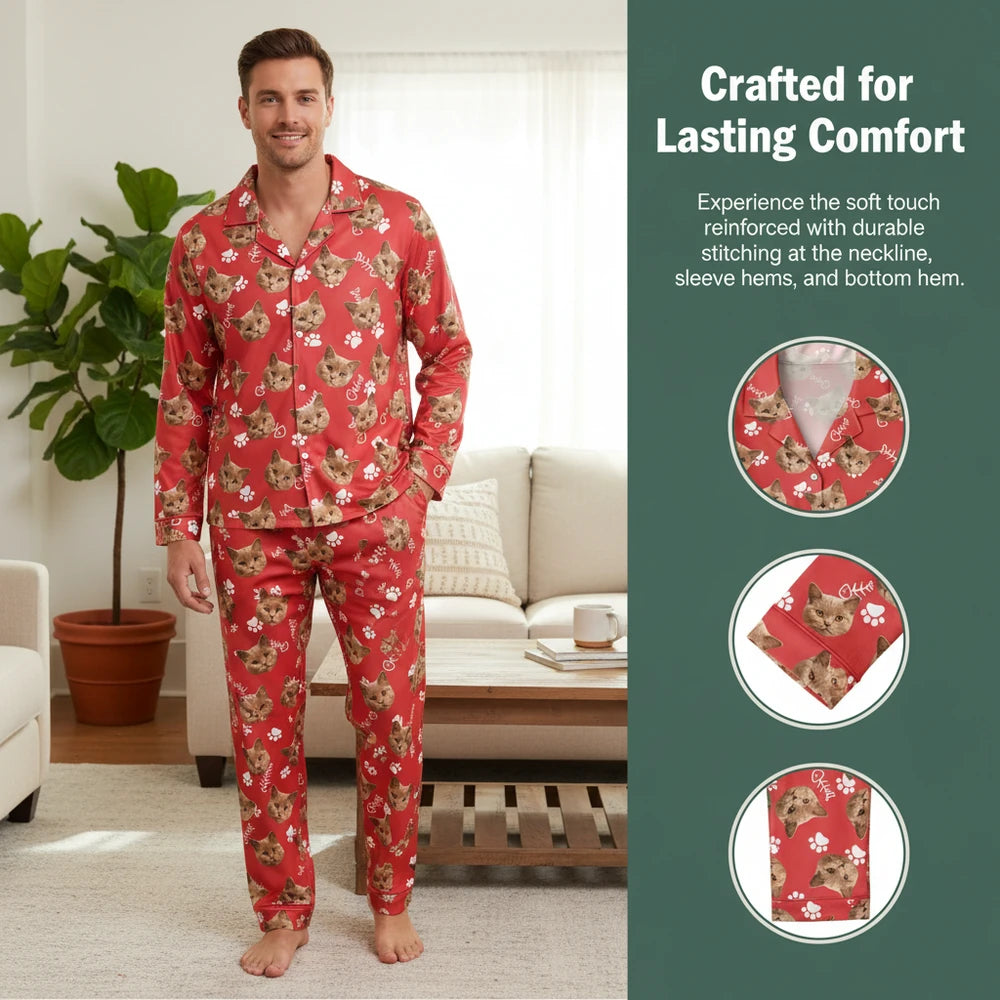 Custom Photo Upload Pajamas with Cat Faces and Paw Prints close-up detail