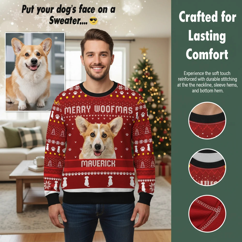 Custom Photo Upload Merry Woofmas Dog Face Sweater close-up detail