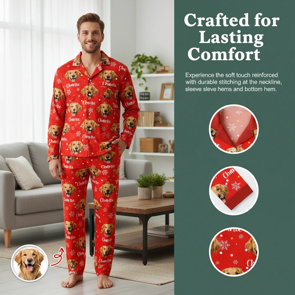 Custom Photo Upload Pajamas with Dog Face & Snowflakes close-up detail
