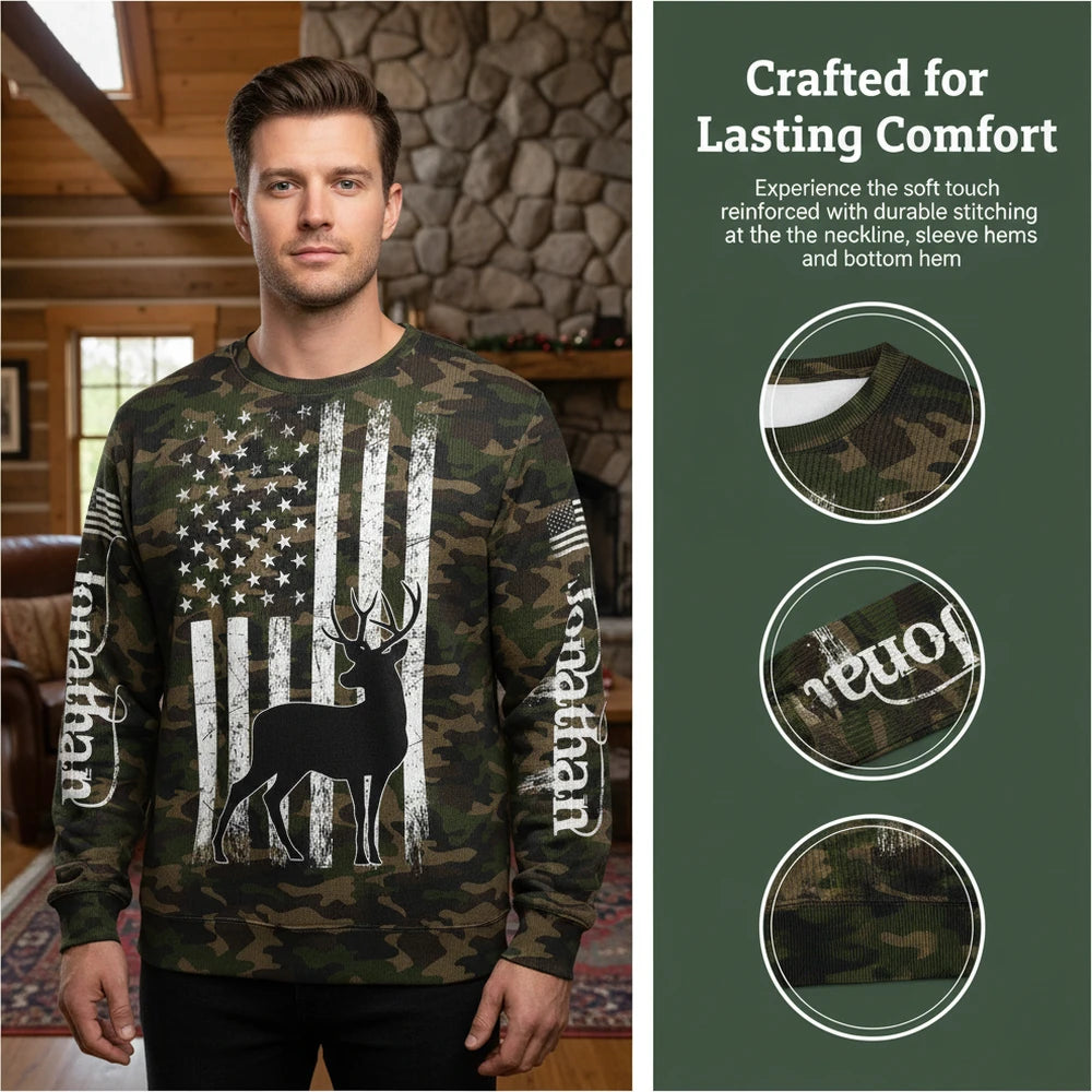 Custom Personalized Sweater with American Flag Deer and Camo close-up detail