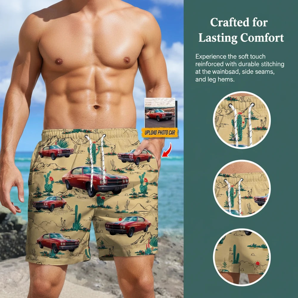 Custom Photo Upload Beach Shorts with Desert Cacti Pattern close-up detail
