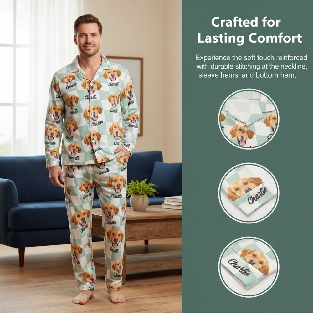 Custom Photo Upload Pajamas with Mint Checkered Pattern close-up detail