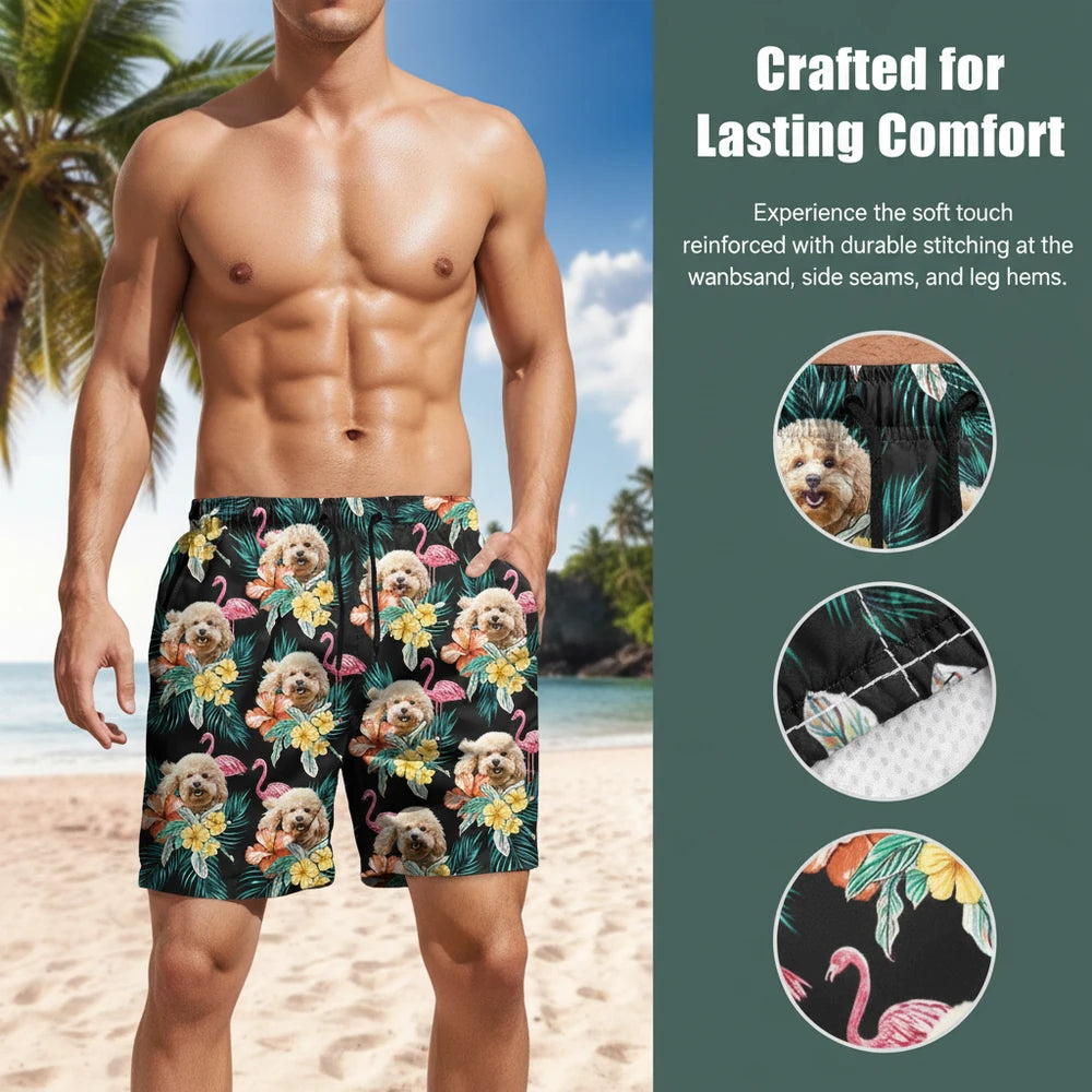 Custom Photo Beach Shorts with Tropical Flowers and Flamingos close-up detail