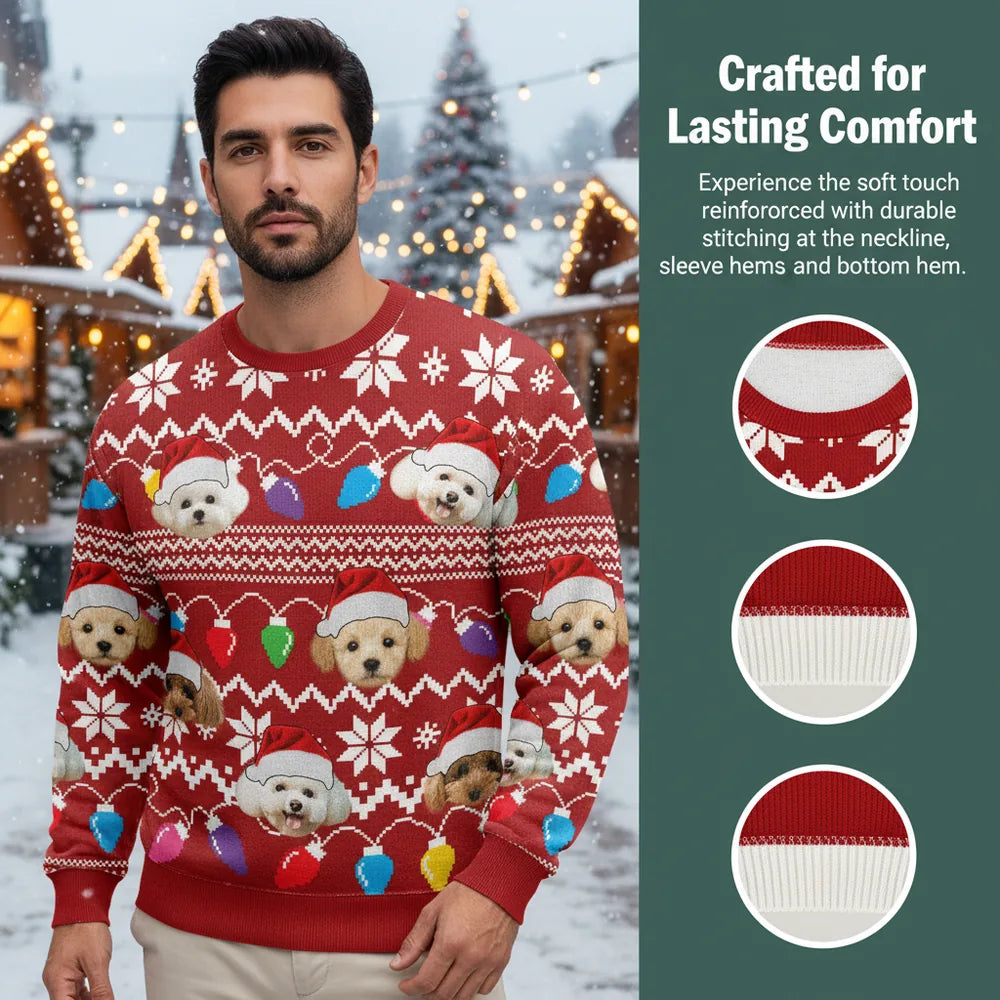 Custom Photo Upload Christmas Sweater with Dogs in Santa Hats close-up detail
