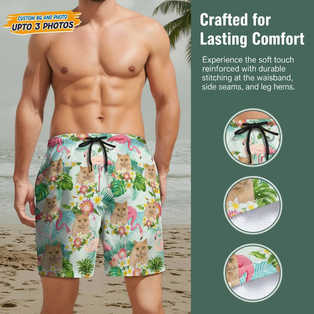 Custom Photo Upload Beach Shorts with Flamingos & Tropical Flowers close-up detail
