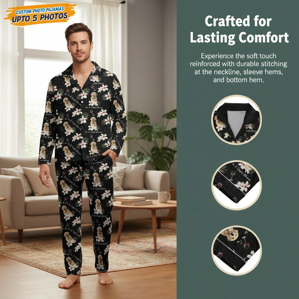 Custom Photo Upload Pajamas with Floral Pattern & I'm A Simple Woman close-up detail