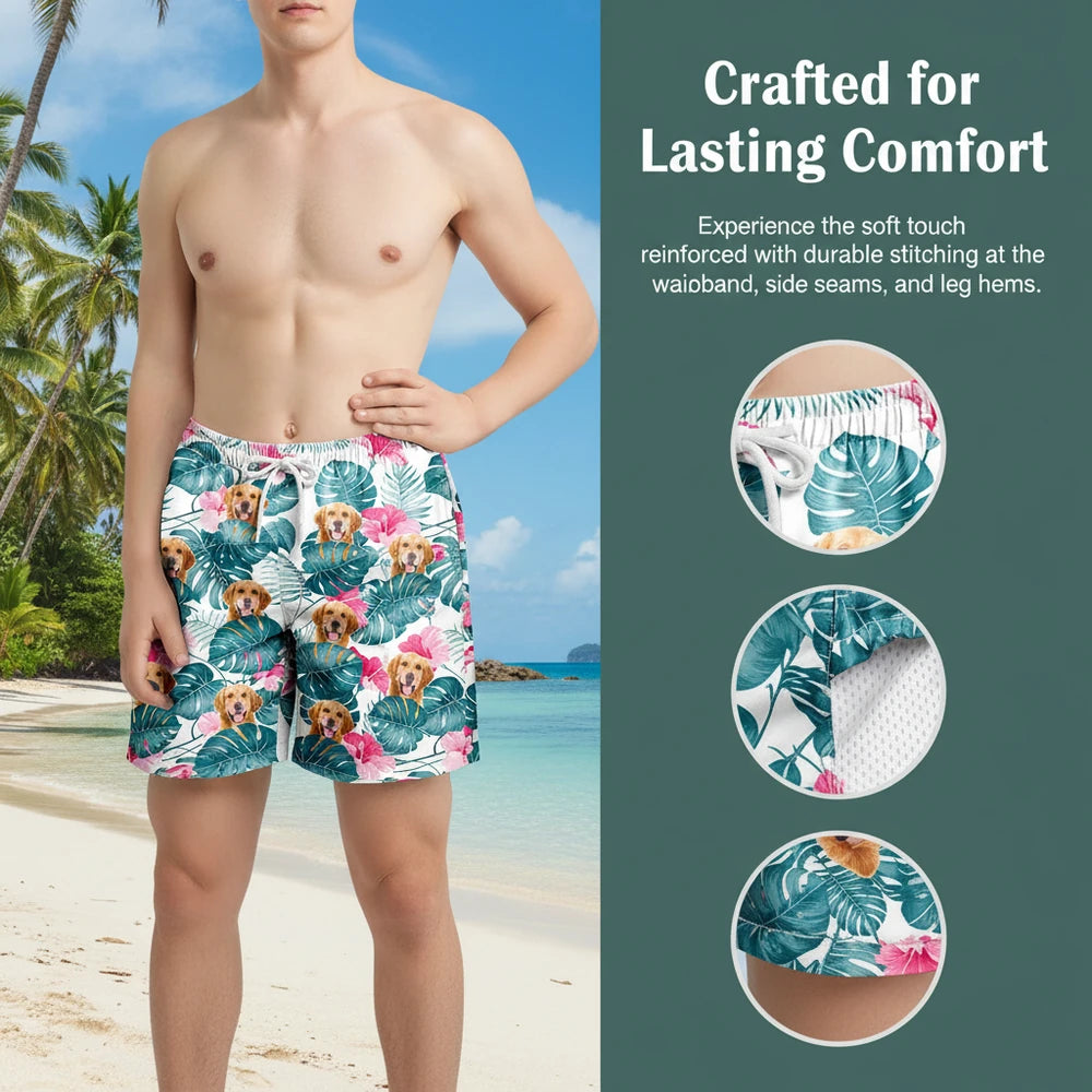 Custom Photo Upload Beach Shorts with Tropical Leaves & Hibiscus close-up detail
