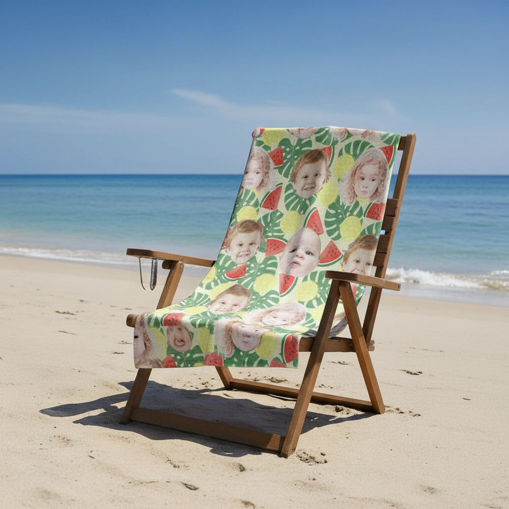 Custom Photo Upload Beach Towel with Tropical Fruit & Palm Leaves close-up detail