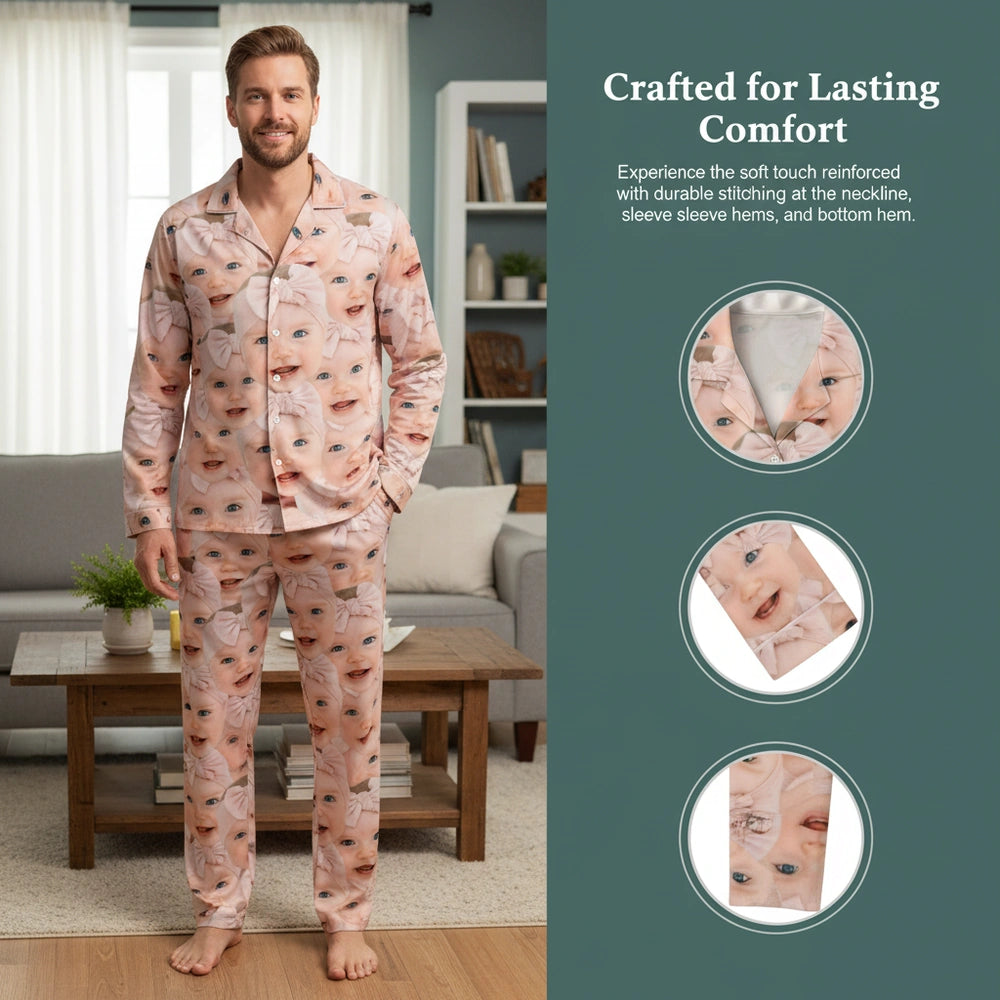 Custom Photo Upload Pajamas with Baby Faces and Pink Bows close-up detail