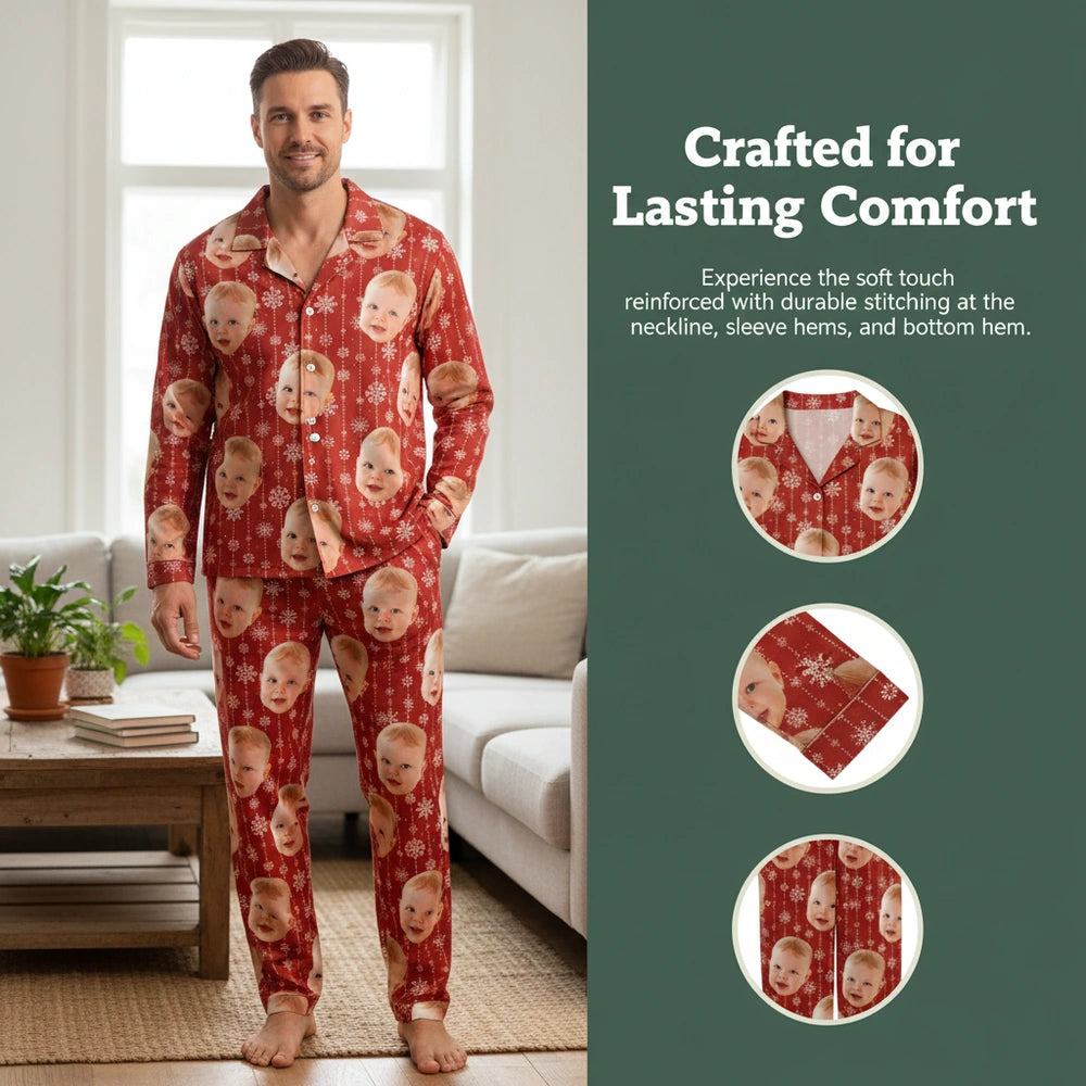 Custom Photo Upload Pajamas with Snowflakes on Red Background close-up detail