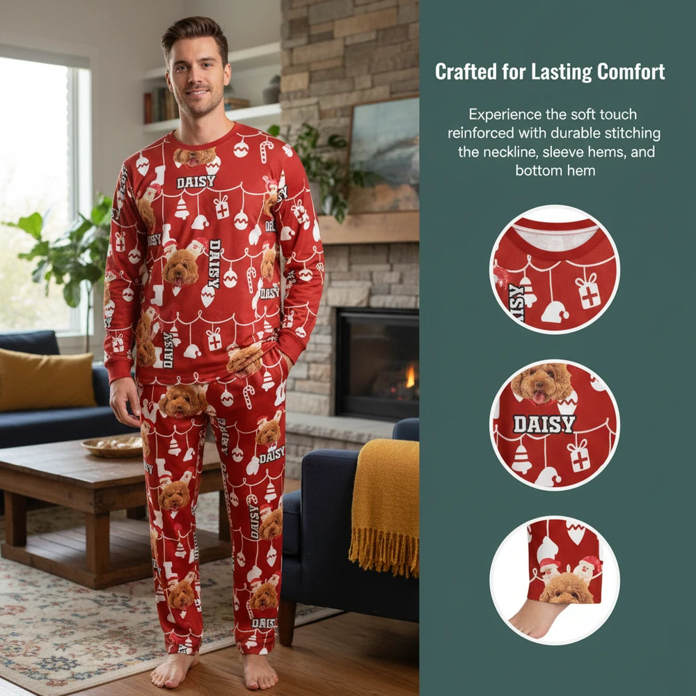 Custom Photo Upload Christmas Pajamas with Dog & Festive Ornaments close-up detail