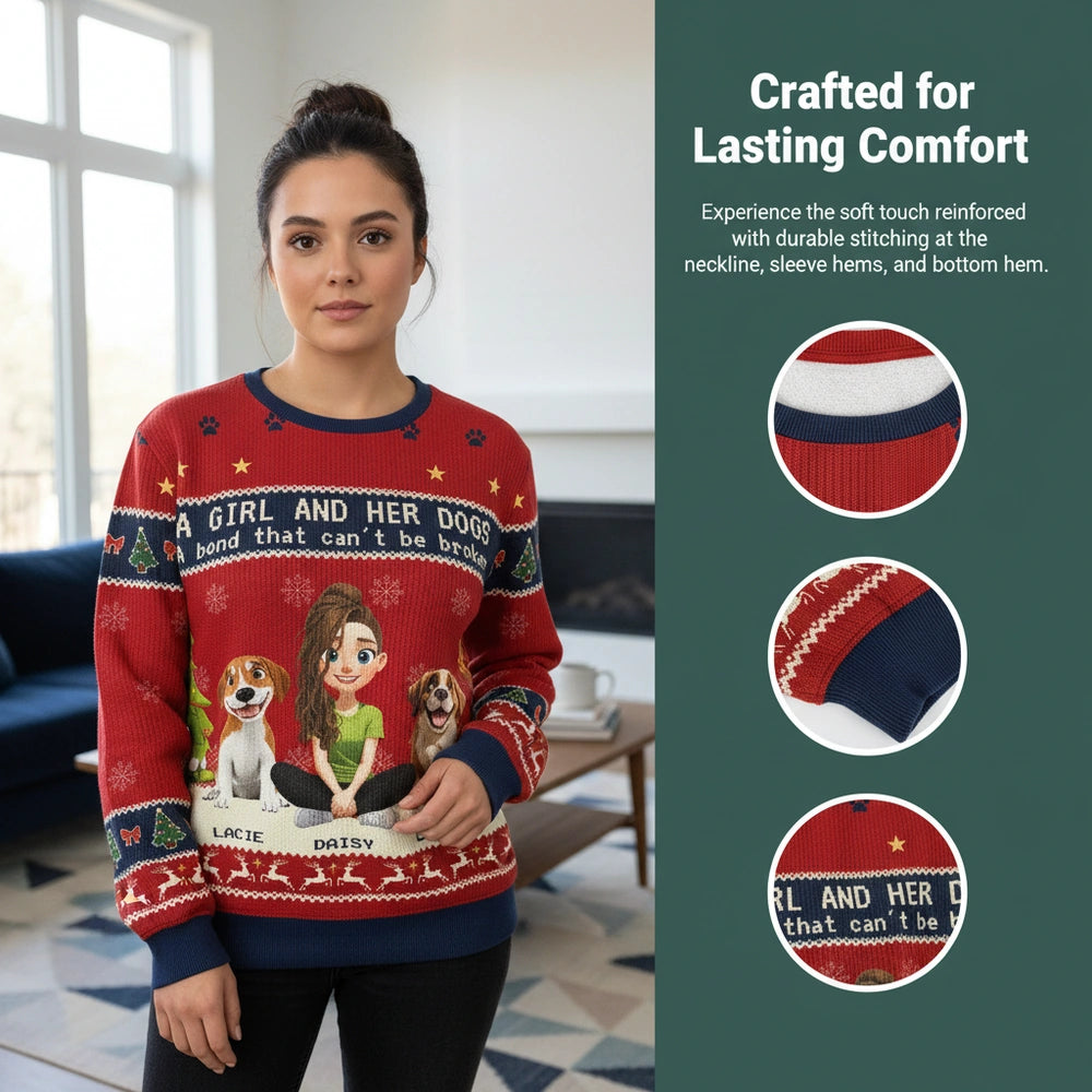 Custom Personalized Sweater A Girl and Her Dogs Christmas Knit Style close-up detail