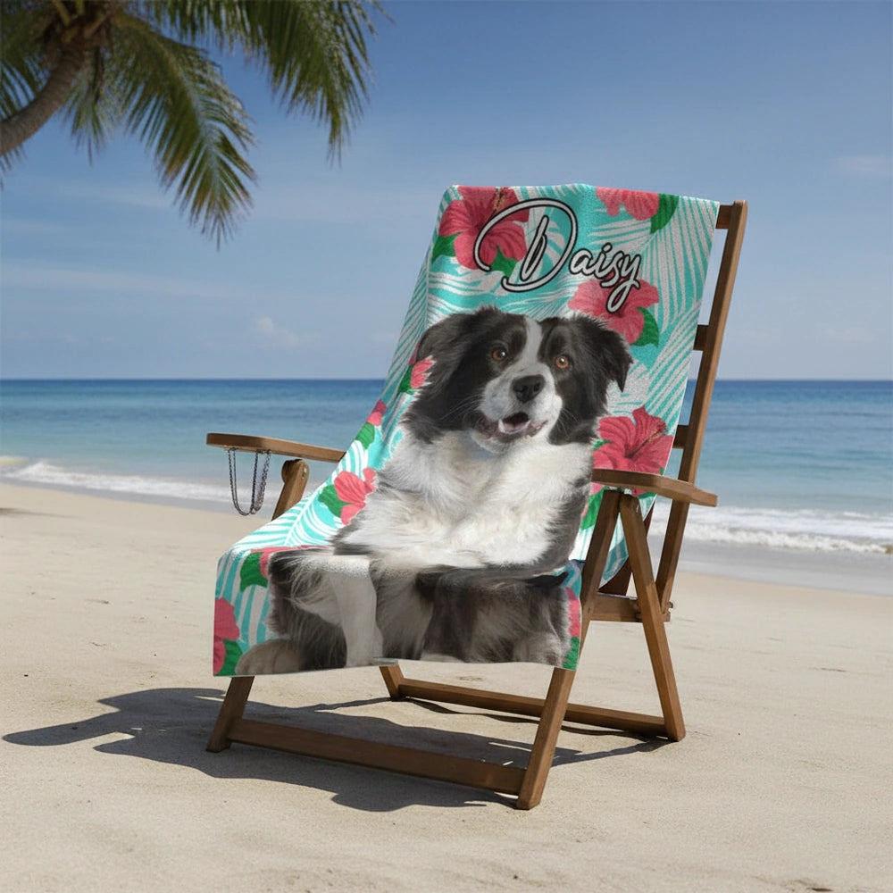 Custom Photo Upload Beach Towel with Tropical Hibiscus Flowers close-up detail