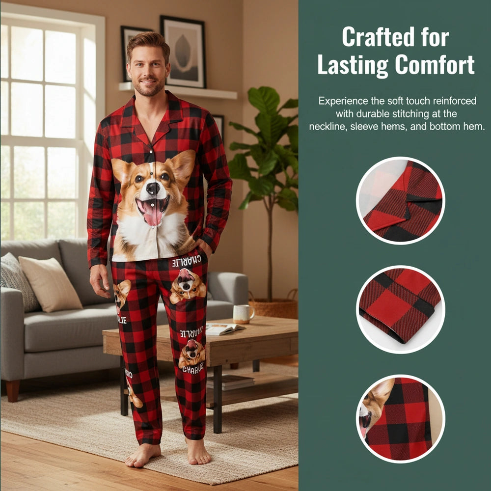 Custom Photo Upload Buffalo Plaid Pajamas with Corgi close-up detail
