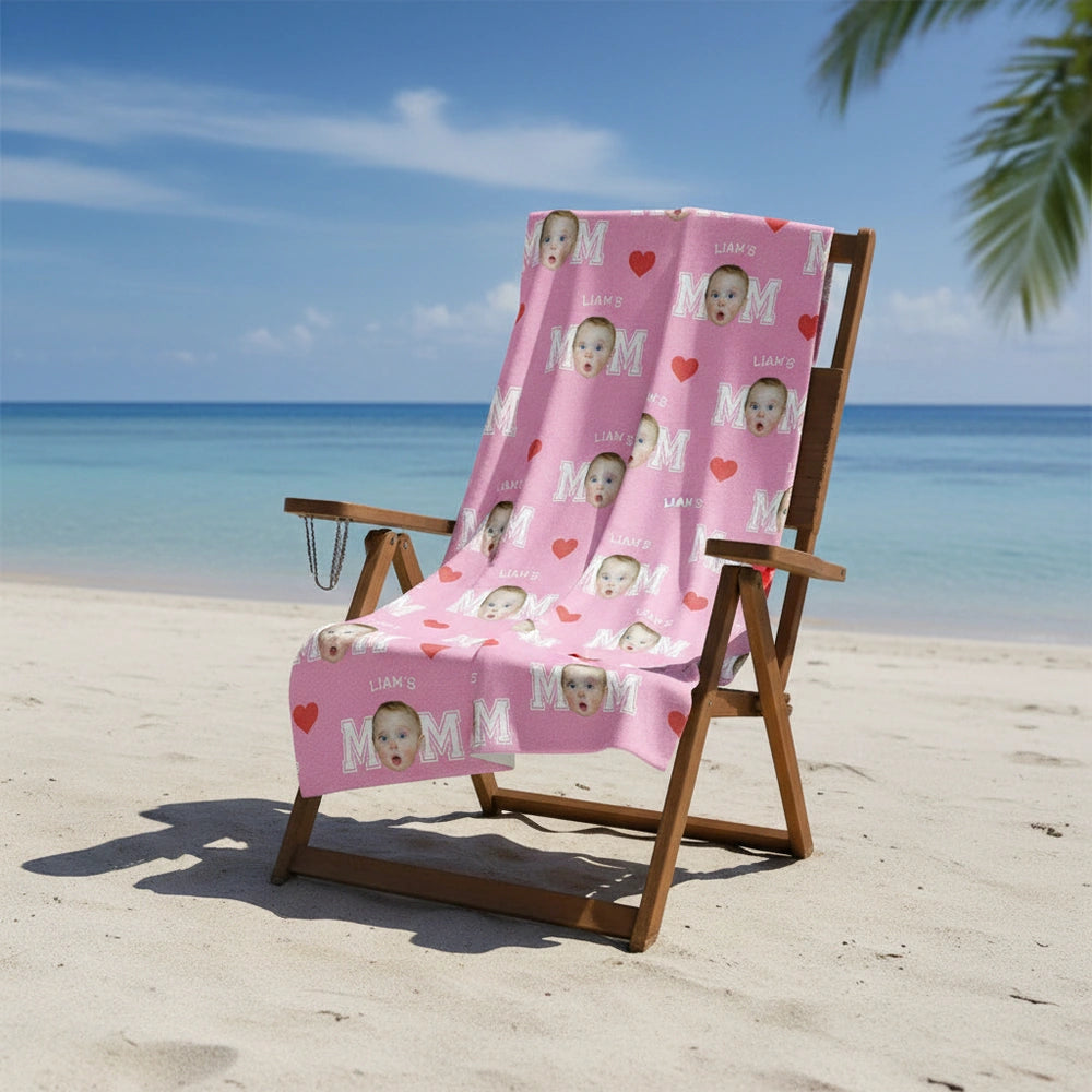 Custom Photo Upload Beach Towel with Hearts on Pink Background close-up detail