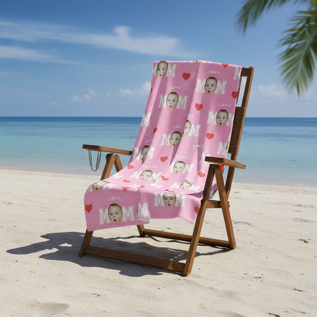 Custom Photo Upload Beach Towel with Hearts on Pink Background close-up detail