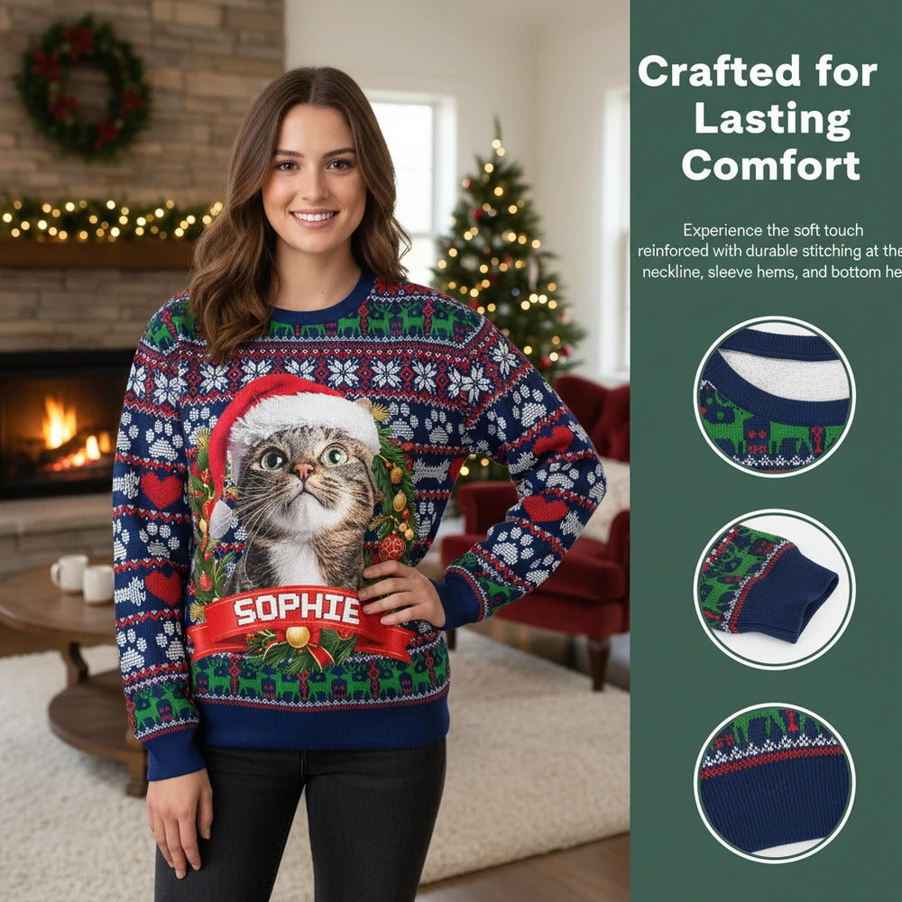 Custom Photo Upload Cat Christmas Ugly Sweater with Fair Isle Pattern close-up detail