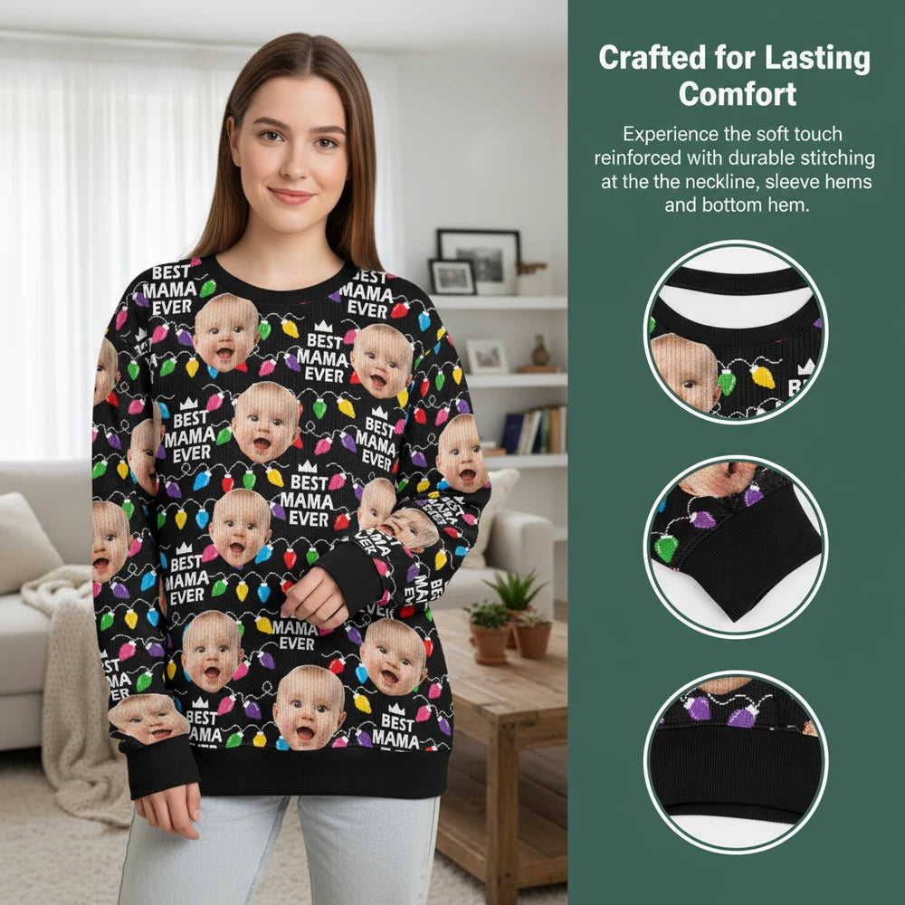 Custom Photo Upload Sweater with Best Mama Ever & Christmas Lights close-up detail