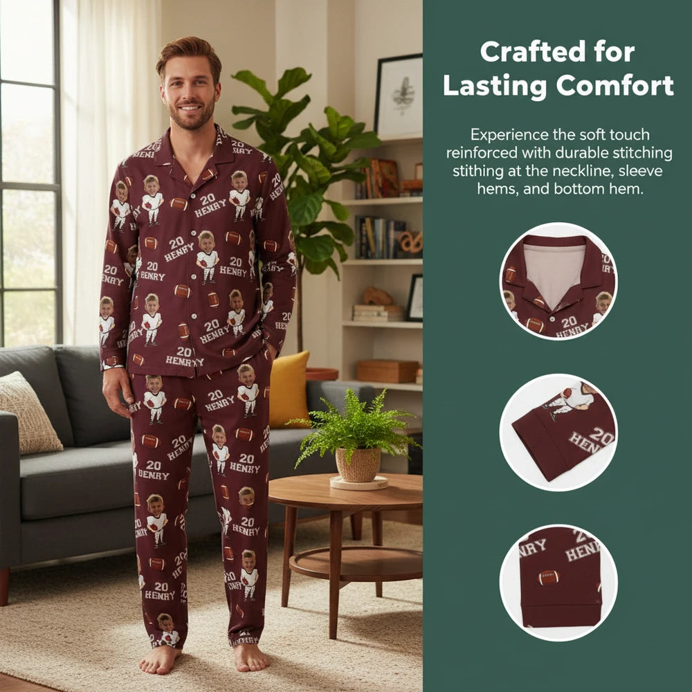 Custom Photo Upload Football Pajamas with Personalized Face close-up detail