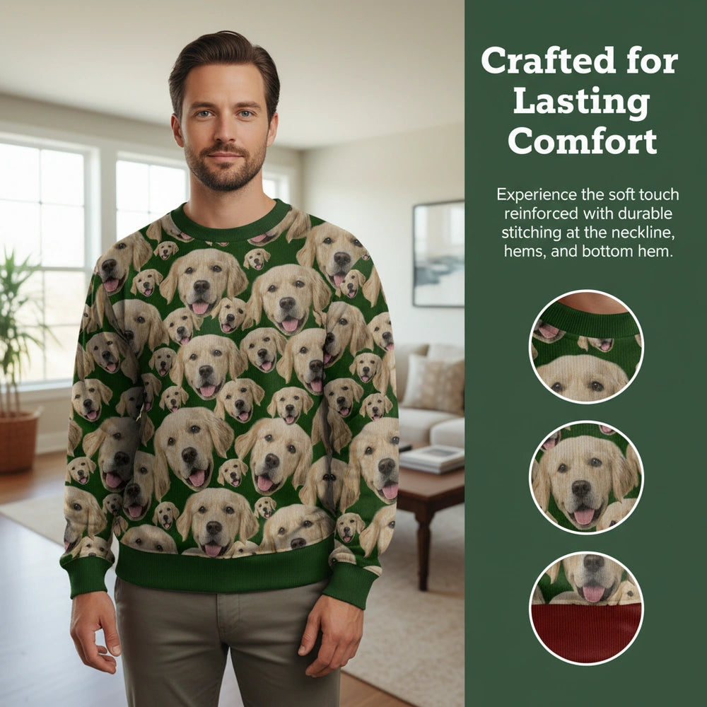 Custom Photo Upload Golden Retriever Face Pattern Sweater close-up detail