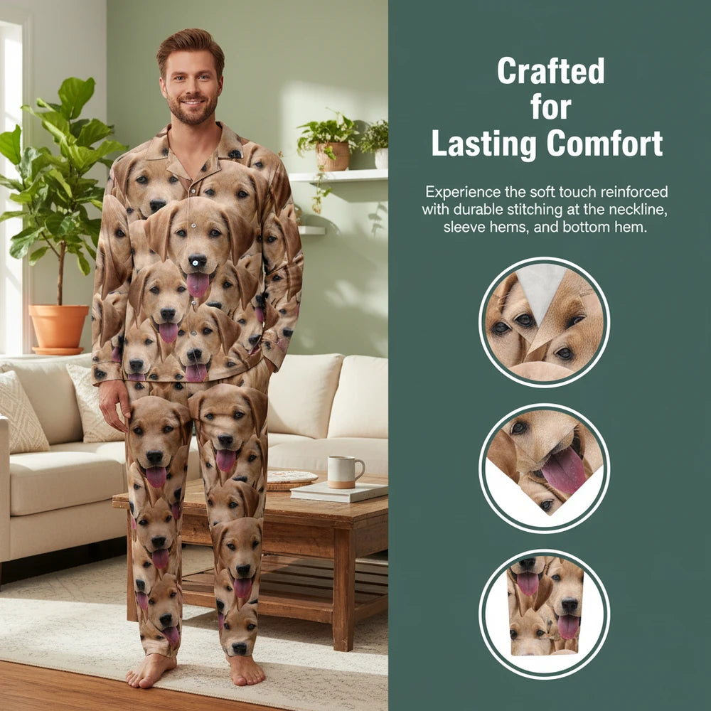 Custom Photo Upload Pajamas with Golden Retriever Faces close-up detail