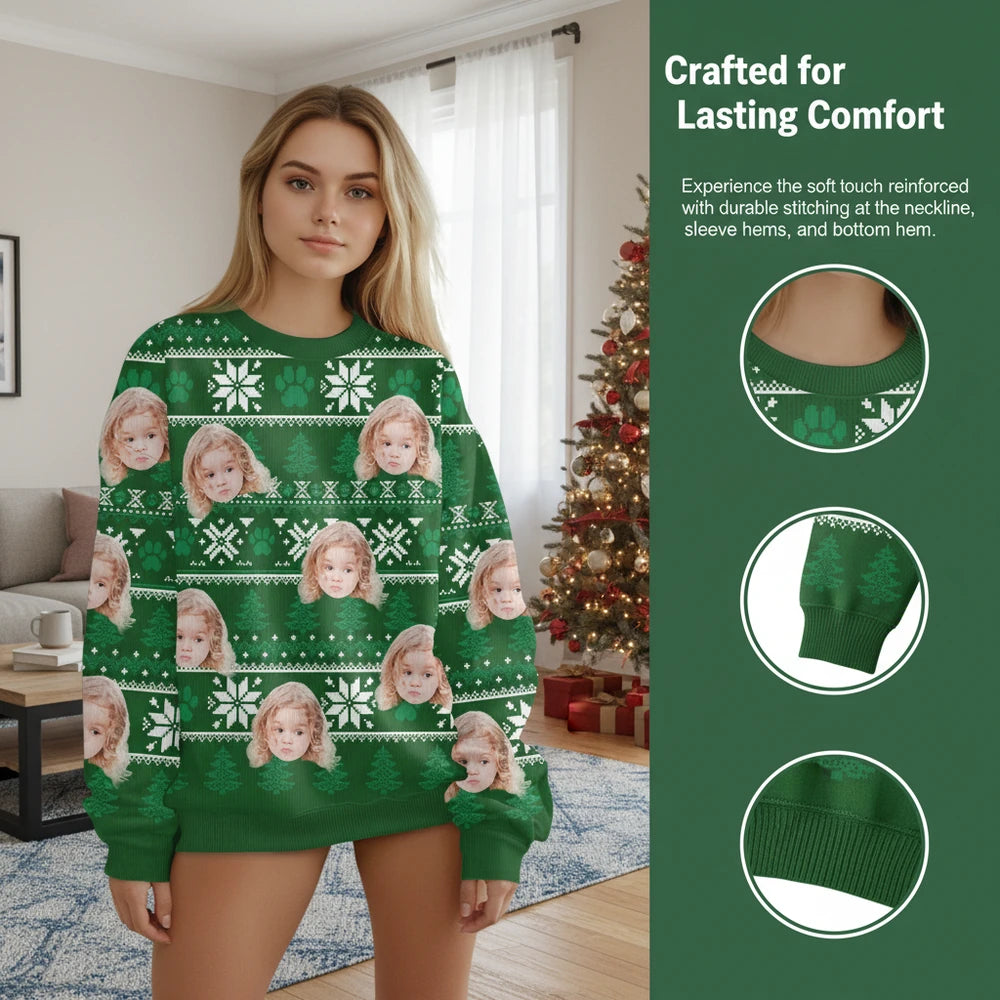 Custom Photo Upload Green Ugly Christmas Sweater with Snowflakes close-up detail