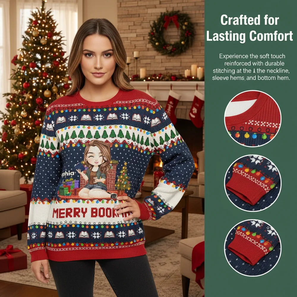 Custom Personalized Sweater with MERRY BOOKMAS and Christmas Lights close-up detail