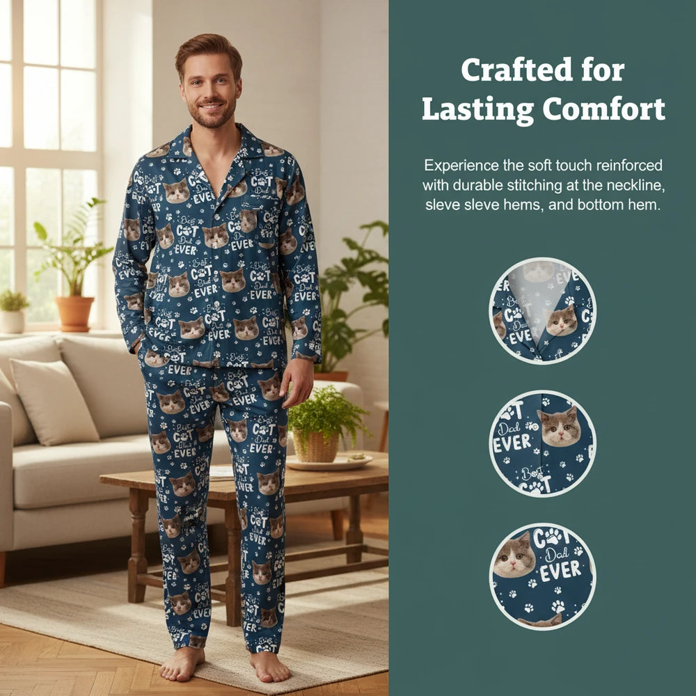 Custom Photo Upload Pajamas with Best Cat Dad Ever & Paw Prints close-up detail