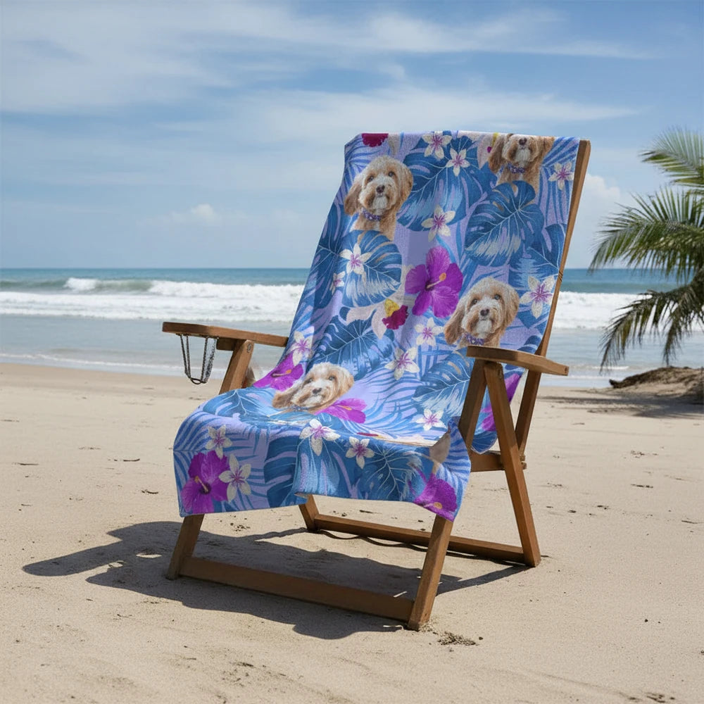 Custom Photo Beach Towel with Tropical Flowers & Palm Leaves close-up detail