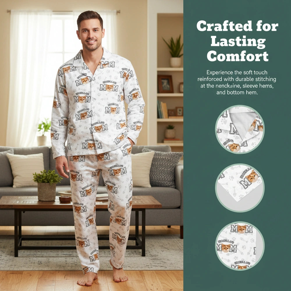 Custom Photo Upload Cat Pajamas with Paw Prints & Fish Bones close-up detail
