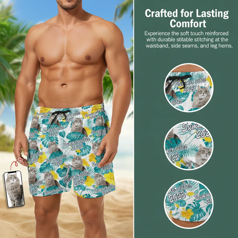 Custom Photo Upload Beach Shorts with Tropical Leaves & Flowers close-up detail