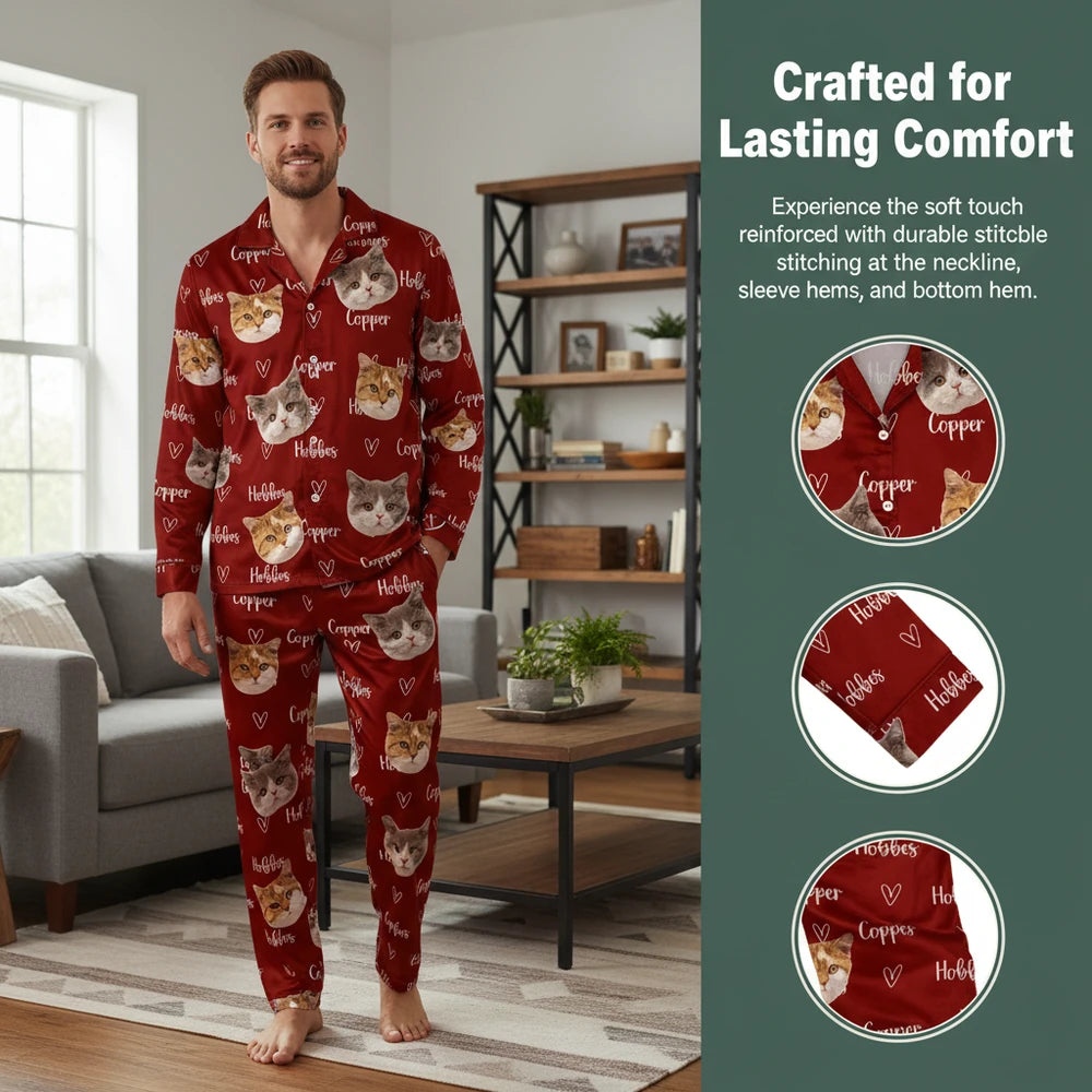 Custom Photo Upload Pajamas with Cat Faces and Hearts close-up detail
