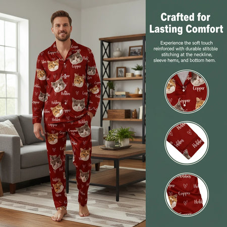 Custom Photo Upload Pajamas with Cat Faces and Hearts close-up detail