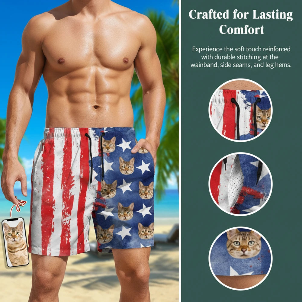 Custom Photo Upload Beach Shorts with American Flag & Stars close-up detail